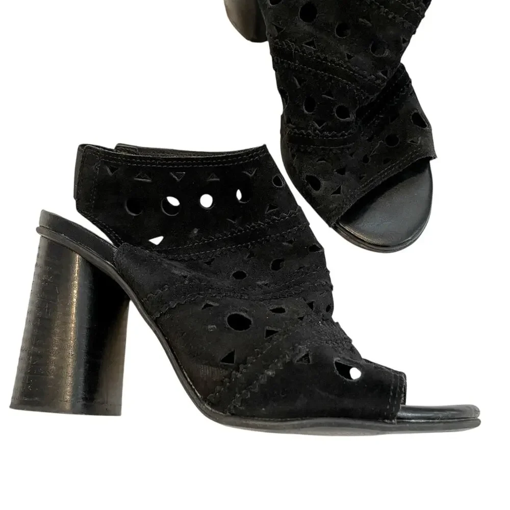 Topshop Black Leather Peep Toe Laser Cut Chunky Heel Ankle Boots Womens 37 Fall